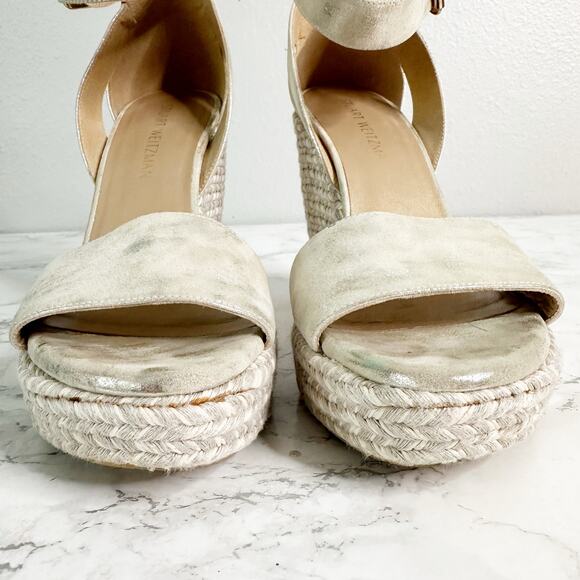 Stuart Weitzman Mostly Platform Metallic Suede Espadrille Wedge Sandals Size 9.5 - Picture 2 of 14